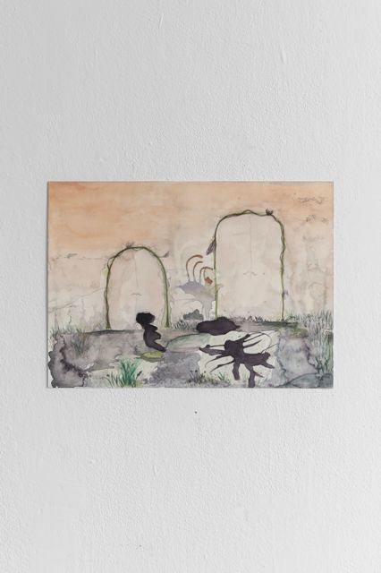 Aquarell: zwei Torbögen in einer dunklen Landschaft unter orangem Himmel