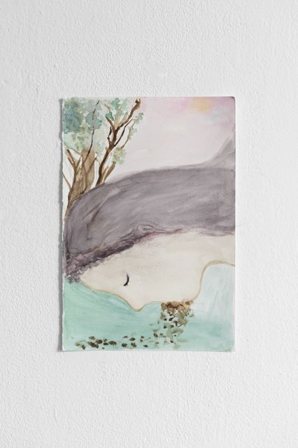Aquarell: schlafendes Gesicht unter einem Baum, in Grau und Türkis